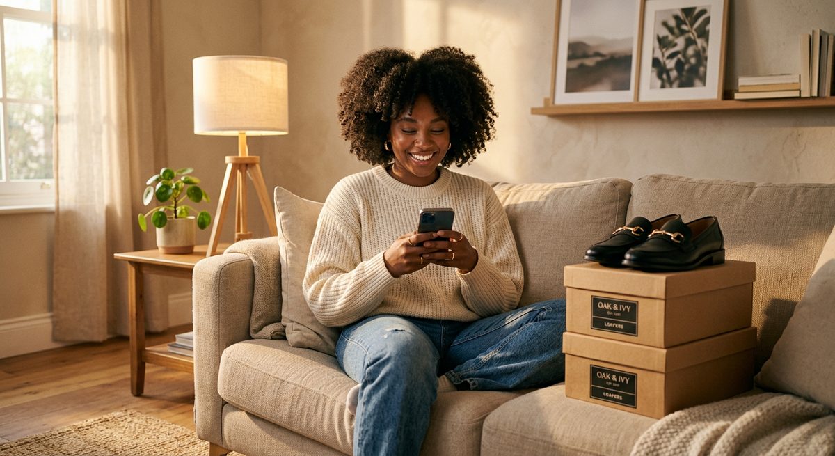 Nigerian WhatsApp seller checking a payment confirmation on her phone at home