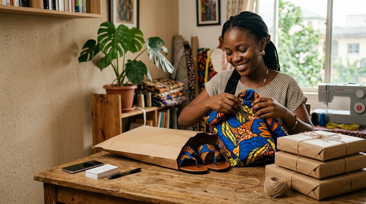 Nigerian fashion seller packing a customer's order into a parcel to ship